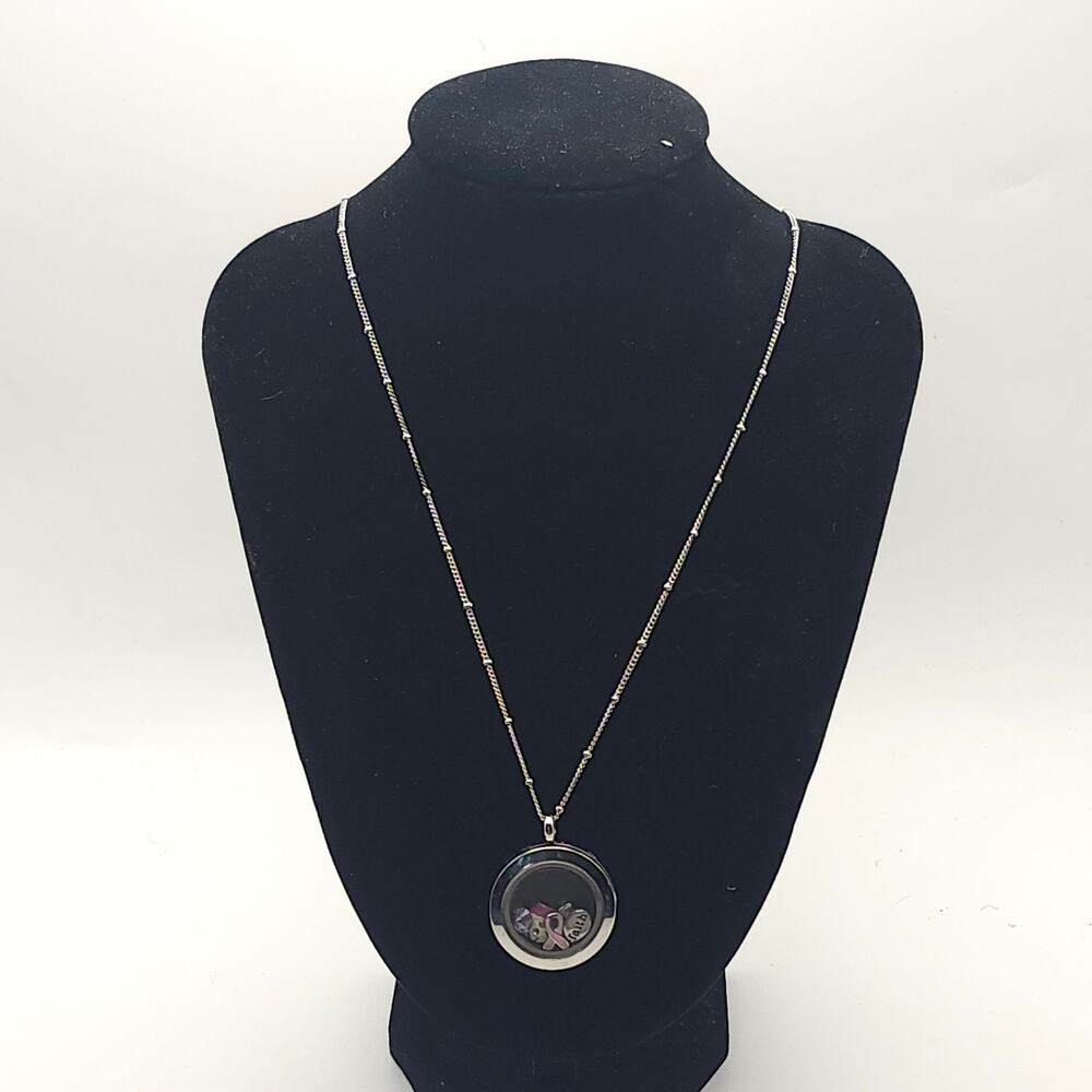 Origami Owl Floating Locket Necklace Silver Tone J Faith Pink Ribbon Charms